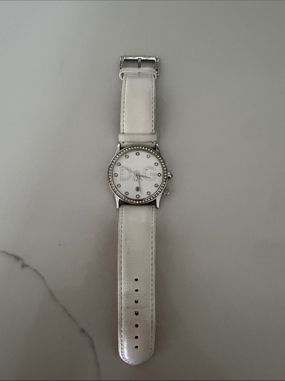 Dolce & Gabbana White Leather Strap Crystal Logo Watch